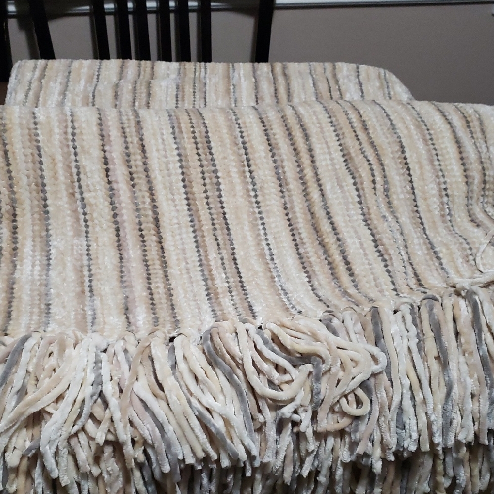 Pier 1 Imports Neutral Tan & Cream Striped Chenille Throw Blanket.  50 x 60.